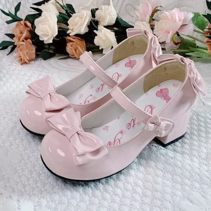 2024 Style Cute Round Head  Jane Pumps With Bow Women's Sweet Party Dress Midi Heels Shoes Fashion PU Sandals