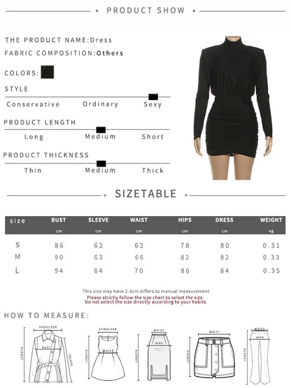 Classic Turtleneck Dress Women Shoulder Padded Ruched Sexy Office Commute Simple Peach Hip Skinny Elegant Mini Bodycon