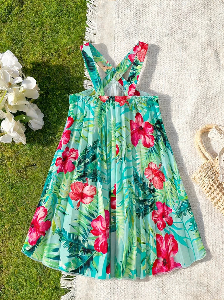 Girls' vacation style cross shoulder strap dress with tropical plant pattern pleated skirt lively and fresh beach travel