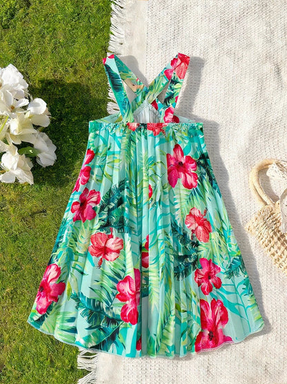 Girls' vacation style cross shoulder strap dress with tropical plant pattern pleated skirt lively and fresh beach travel