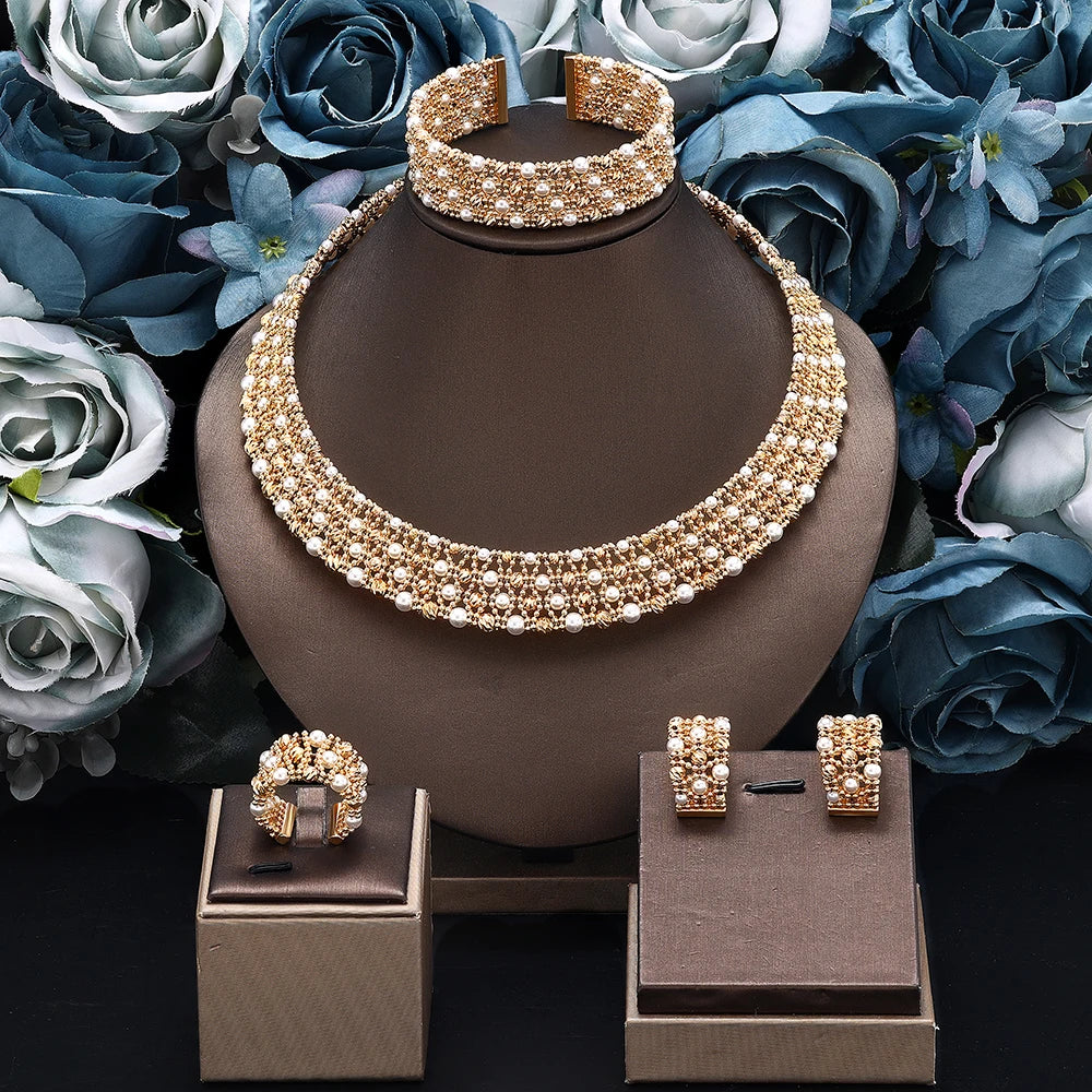 Dubai Casamento Nupcial Conjuntos Completos De Joias Para Mulheres Festa Luxo Nigéria Banhado A Ouro Contas Gargantilha Colar Conjunto De Joias