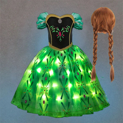 Snow Queen Illuminating  Anna Princess Ball Gown Fancy Green Floral Dress Halloween Glowing Anna Costume Birthday Elsa Party