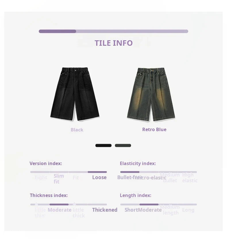 2025 Summer Men's Wide Leg Jeans Shorts Vintage Distressed Wash Y2K Straight Elastic Waist Loose Casual Relaxed Fit