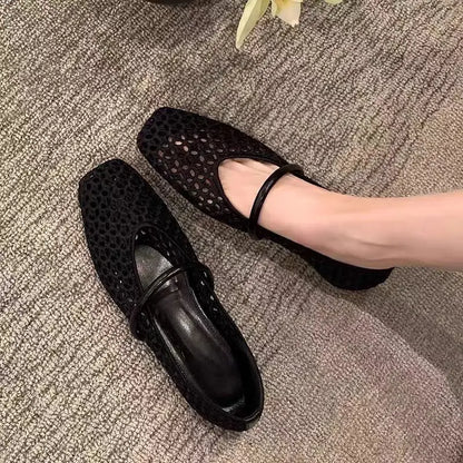 2025 zapatos de Ballet de malla hueca para mujer, sandalias transpirables Mary Jane con cabeza cuadrada, calzado con correa