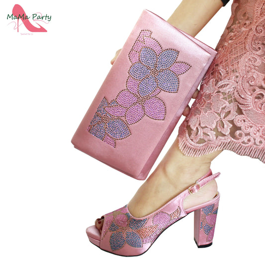 2024 Italian Design Shoes and Bag Set in Pink Color High Quality New Arrivals with Shinning Crystal for Wedding Party