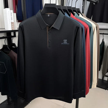 Men's High End Brand Print Solid Color Lapel Polo Shirt Autumn New Skin Friendly Long Sleeved T-shirt Fashion Versatile Menswear