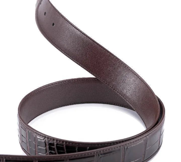 3.8 wide punched men's cowhide leather belt, high-end fashion trend crocodile pattern genuine leather belt without buckle durabl