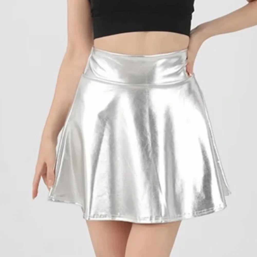 Elegant Metallic Pleated Skirt Gold Silver Flared Design A-line Short Skirt Retro Solid Color Girls Short Mini Skirt Clubwear