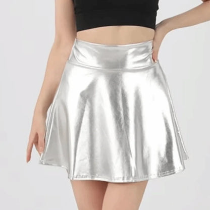Elegant Metallic Pleated Skirt Gold Silver Flared Design A-line Short Skirt Retro Solid Color Girls Short Mini Skirt Clubwear