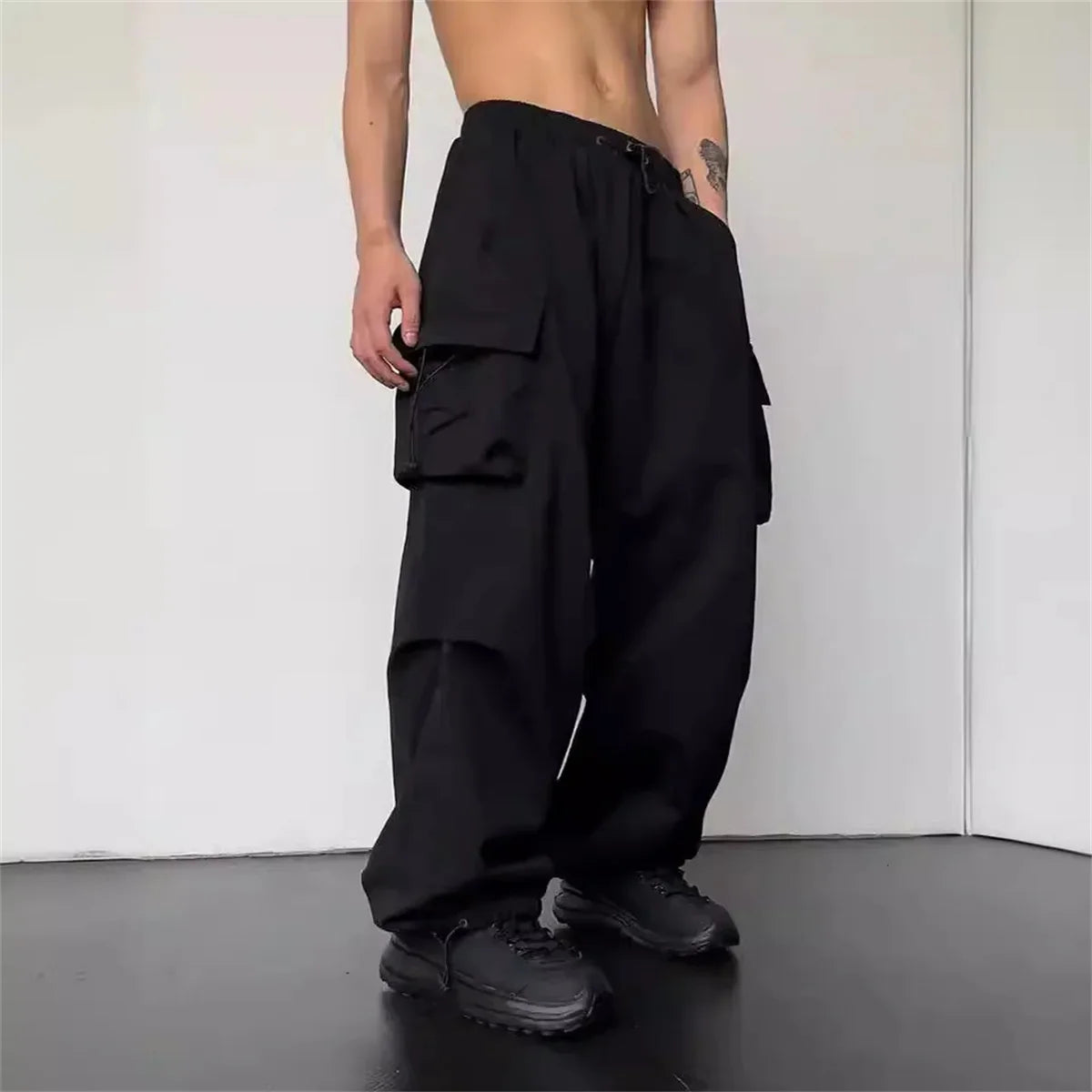 Black Men's Hip Hop Cargo Pants Casual Summer Solid Multiple Pockets Trousers Cool Ribbons Techwear Hip Hop Sweatpants Boys