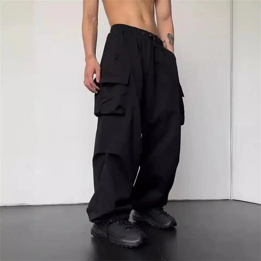 Black Men's Hip Hop Cargo Pants Casual Summer Solid Multiple Pockets Trousers Cool Ribbons Techwear Hip Hop Sweatpants Boys