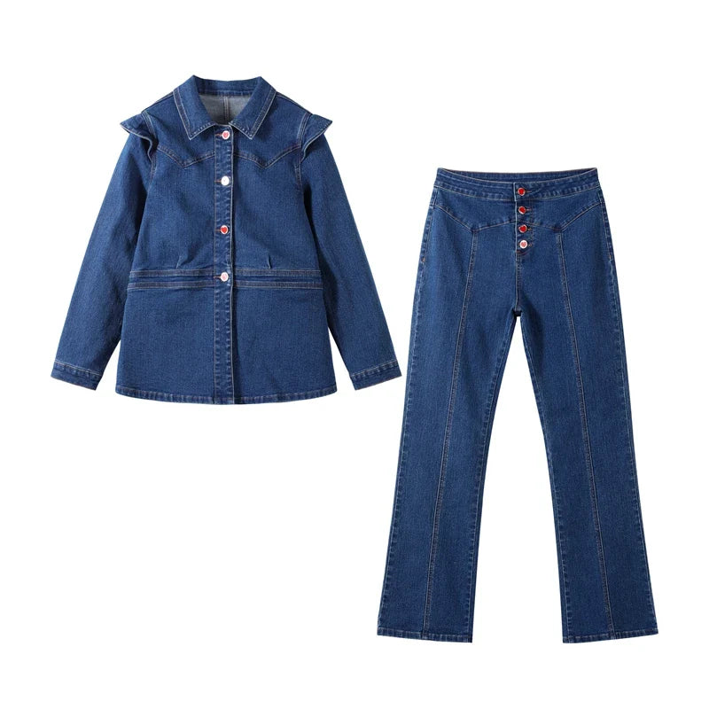 Waist Cinching Split Top Single Breasted Slim Flared Pants Woman Sets Patchwork Jeans Flounce Denim Jacket Casual Women's Suits