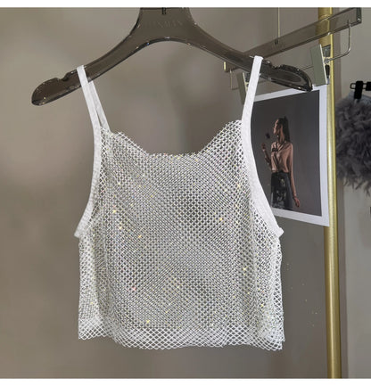 Summer New Mesh Diamond Crystal Short Halter Top AB Color Diamond Sexy Inner Shining Waistless Tops