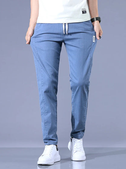 Size 28-38 Thin Casual Pants Mens Slim Simple Cotton Stretch Spring Summer Trousers Elastic Waist Drawstring Jogging Sweatpants