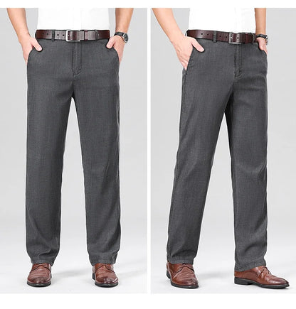 2026 New Men's Summer Jeans Thin Loose Stretch Large Size Ice Silk Straight Pants Elite Business Casual Pants Smoke Gray Blue