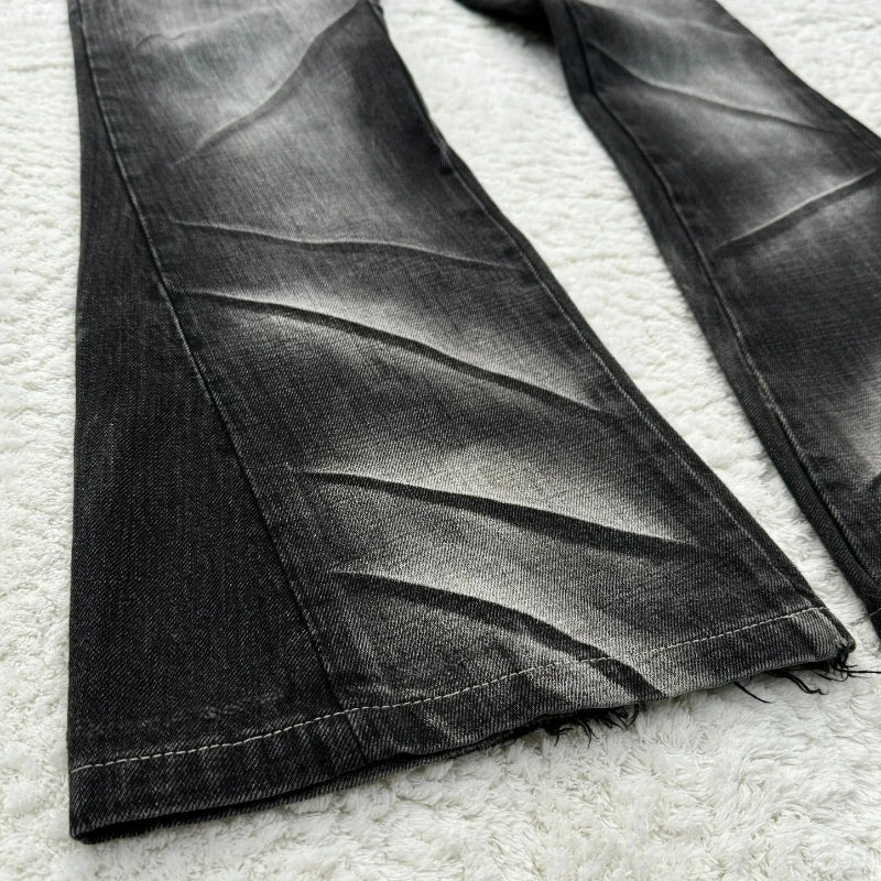Y2K Distressed Flare Jeans Gothic Men Double Waist Lace Up Denim Pants Retro Washed Scratches Streetwear Unisex Bootcut Jeans