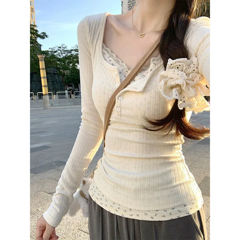2026 Women's Fashion Trend Solid Color Sexy Lace Jacquard Two-Piece Long-Sleeve T-Shirt Y2K Slim Fit Sweet & Spicy Girl Shirt