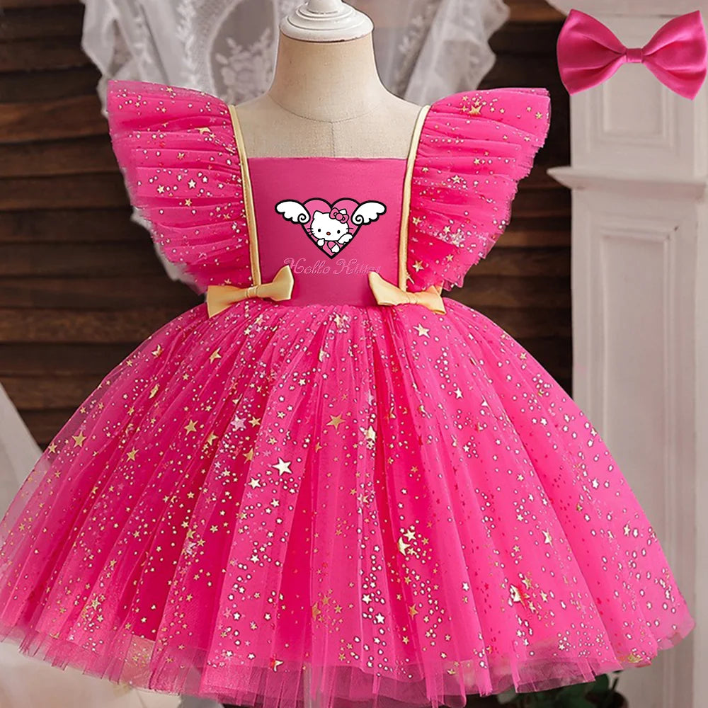 Princess Dress for Girls Sequined Star Ruffle Bow Tutu Gown Baby Formal Gala Prom Gown Kids Evening Party Costume