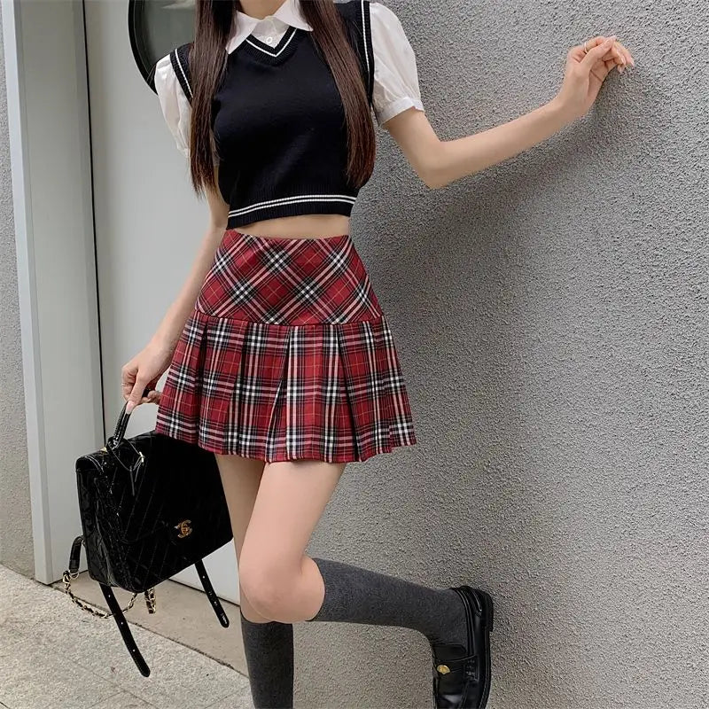 Summer 2024 Vintage Korean Style High Waist Patchwork A-line Mini Skirt Harajuku Preppy Fashion Plaid Pleated Skirt Red Women