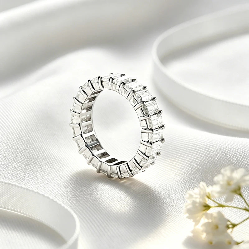 18k Plated 3*5mm Emerald Cut Moissanite Rings for Women Halo Full Eternity Bands Wedding Jewelry S925 Sterling Silver