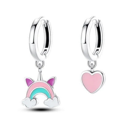 Earrings For Womens 925 Silver Color Pink Rainbow Horse Bear Bee Double Hoop Earrings Fine Engagement Anniversary Jewelry Gifts