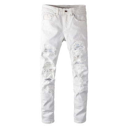 Men's White Crystal Holes Ripped Jeans Fashion Slim Skinny Rhinestone Stretch Denim Pants