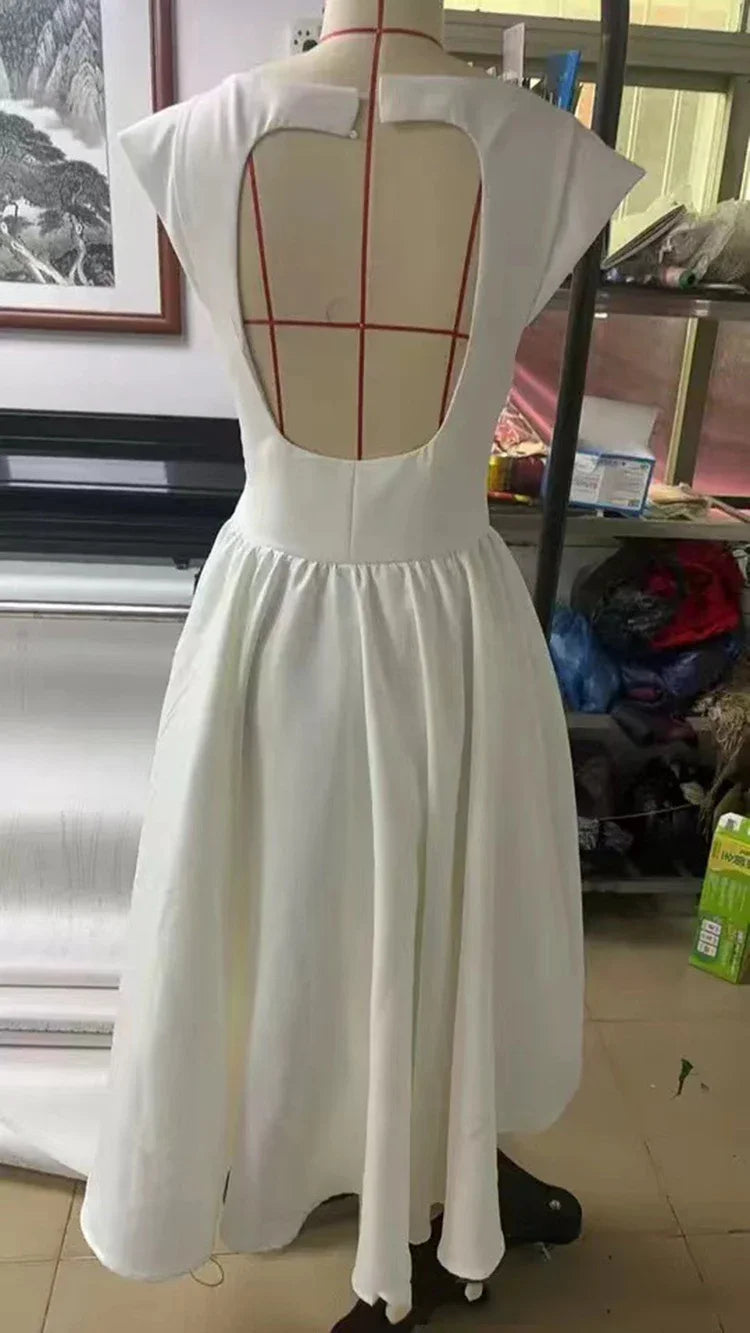Women Circle Cut Out Back Dress Wide Shoulders and Fitted Waist Prom Dress Fluffy Hem Midi Wedding Party Dresses