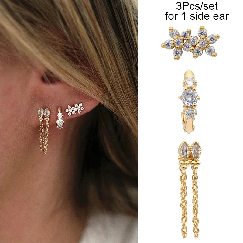 3PCs/set Earrings for 1 Ear Women gold color zirconia Classic Piercing Designer Earring set 2024 Women Jewelry Wholesale