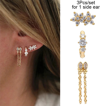 3PCs/set Earrings for 1 Ear Women gold color zirconia Classic Piercing Designer Earring set 2024 Women Jewelry Wholesale