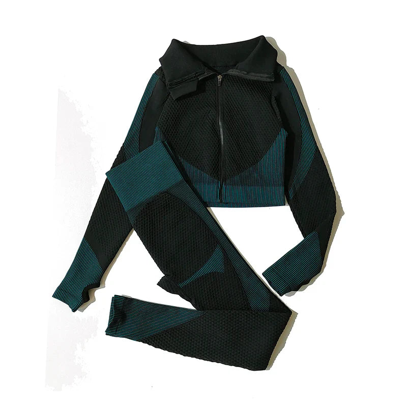 2/3Pcs Women Yoga Suit Seamless Knitted Yoga Pants Leggings Clothing Zipper Long Sleeve Crop Top Fitness Wear Sportswear Gym Set