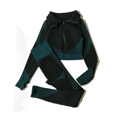 2/3Pcs Women Yoga Suit Seamless Knitted Yoga Pants Leggings Clothing Zipper Long Sleeve Crop Top Fitness Wear Sportswear Gym Set