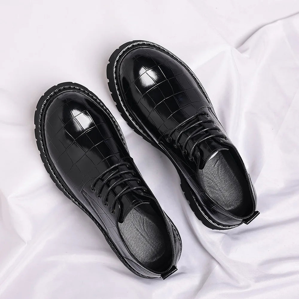 Business Formal Big Head Leather Shoes Men Spring Autumn Fashion Platform Shoes Male Lace Designer Stone Pattern Dress Shoes Man
