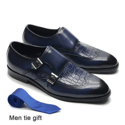 Classic Men's Genuine Leather Dress Shoes Double Buckle Monk Strap Wingtip Crocodile Print Business Office Formal Footwear Man