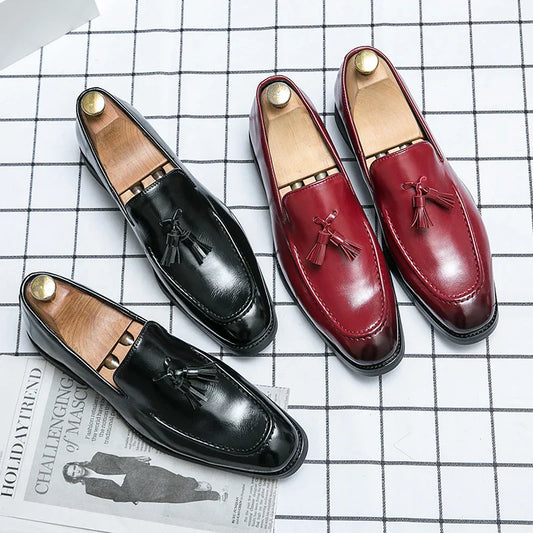 Fashion Men Formal Leather Shoes British Tassels Loafers Pointed Toe Dress Non-Slip Business Casual Red Wedding Office Shoes