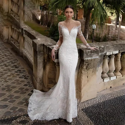 Customized Luxury Mermaid Wedding Dress  O-neck Long Sleeve Tulle Backless Bridal Gown Detachable Trailing Marriage Dress