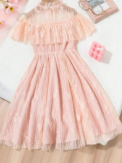 Korean fashion lace, solid color princess dress, slightly elastic, children's slim fit, popular style