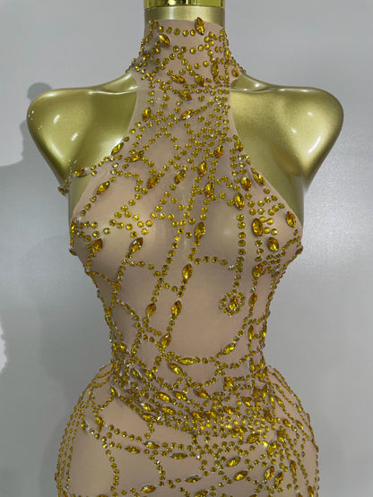 Sparkly Diamond Sexy Mesh Asymmetric Bodycon Mini Dress Women Nightclub Bar Party Show Gogo Dancer Clothing Stage Costume
