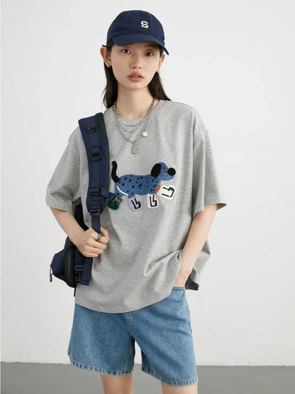 CHIC VEN Camisetas Femininas Soltas Streetwear Unissex Divertido Cão Bordado Manga Curta Algodão Blusas Menina Femininas Verão 2025