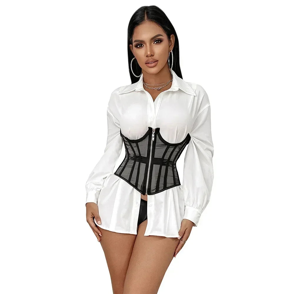 Ladies Transparent Mesh Corset Waist Training Bustier With Zipper Sexy Shaper Night Club Sweet Cropped Top