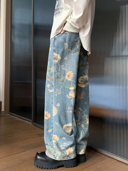 High-Quality Large-Flower Jeans, Summer Thin Style, 2025 New High-Waisted Slimming Straight-Leg Loose Wide-Leg Pants