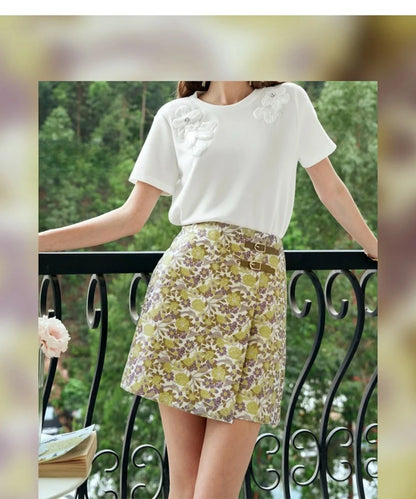Women's Floral Mini Skirts 2026 Summer A-line Jacquard Irregular Chic Leather Buckle Short Skirt O21QB55108