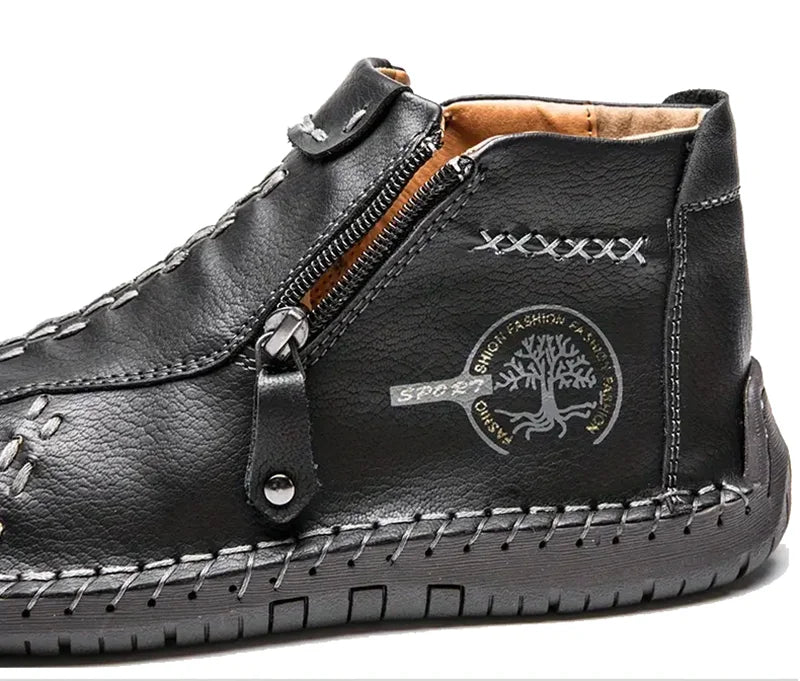 Sapatos Masculinos Clássicos de Couro Feitos à Mão, Design com Zíper, Tênis Esportivos para o Ar Livre, Sapatos Casuais Respiráveis com Elástico, Botas Masculinas de Couro no Tornozelo