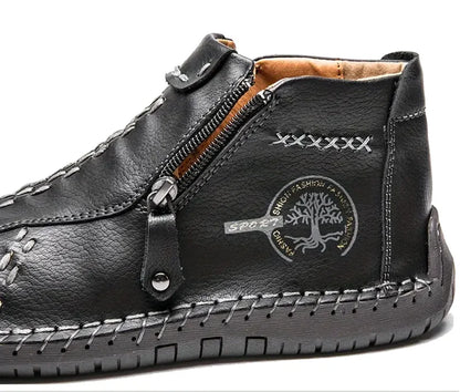 Sapatos Masculinos Clássicos de Couro Feitos à Mão, Design com Zíper, Tênis Esportivos para o Ar Livre, Sapatos Casuais Respiráveis com Elástico, Botas Masculinas de Couro no Tornozelo