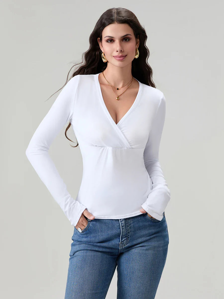 Women y2k Long Sleeve Bodycon T-Shirts Sexy V Neck Low-cut Solid Color Soft Slim Fit Tops Spring Fall Casual Going Out Tee Top