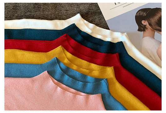 New Women Summer Knitted Turtleneck Sleeveless T-Shirts Tops Solid Slim Fit Pullovers Causal Tees Female Streetwear Basics Tees