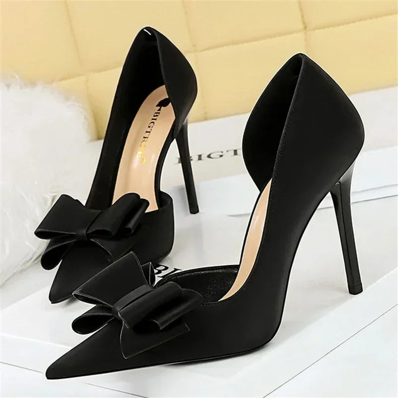 2024 Women 10.5cm High Heels Sweet Korean Side Hollow Pumps Lady Party Purple Green Kawaii Bowknot Heels Prom Silk Satin Shoes