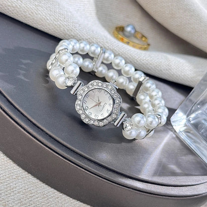 New Elegant Pearl Diamond-Encrusted Elastic Band Watch Vintage Luxury Bracelet Style Convenient for Ladies Quartz Wristwatch