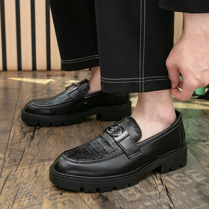 Men Loafers PU Thick Sole Round Toe Checkered Pattern Fashionable Classic Business Formal Shoes