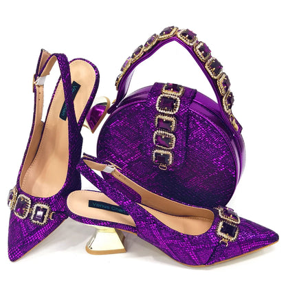 Rhinestone Pointed-Toe High Heels Shoes and Bags Set for Women Wedding and Party Elegant Luxury Fashion in Wine Color
