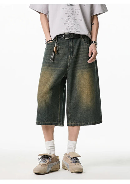 2025 Summer Men's Wide Leg Jeans Shorts Vintage Distressed Wash Y2K Straight Elastic Waist Loose Casual Relaxed Fit